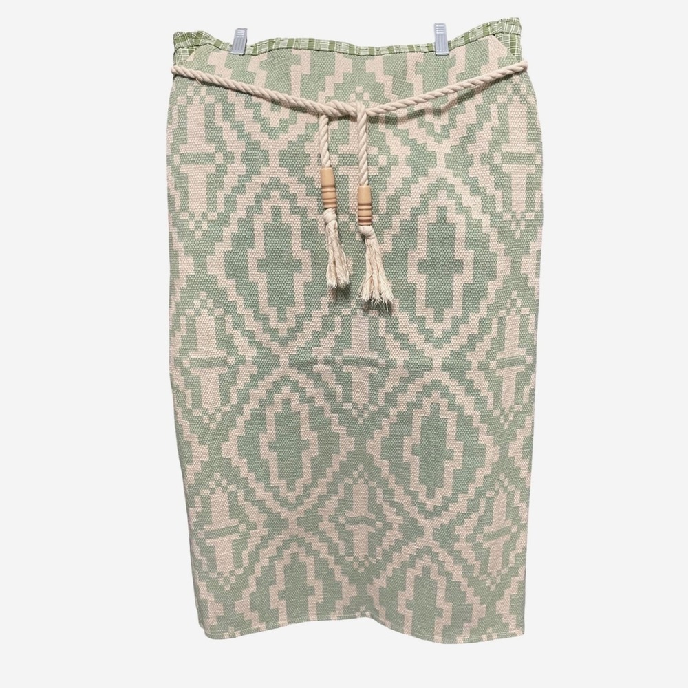 Womens Textured Woven Pencil Skirt‎ Green Cream Geometric Ikat Tribal Rope Belt